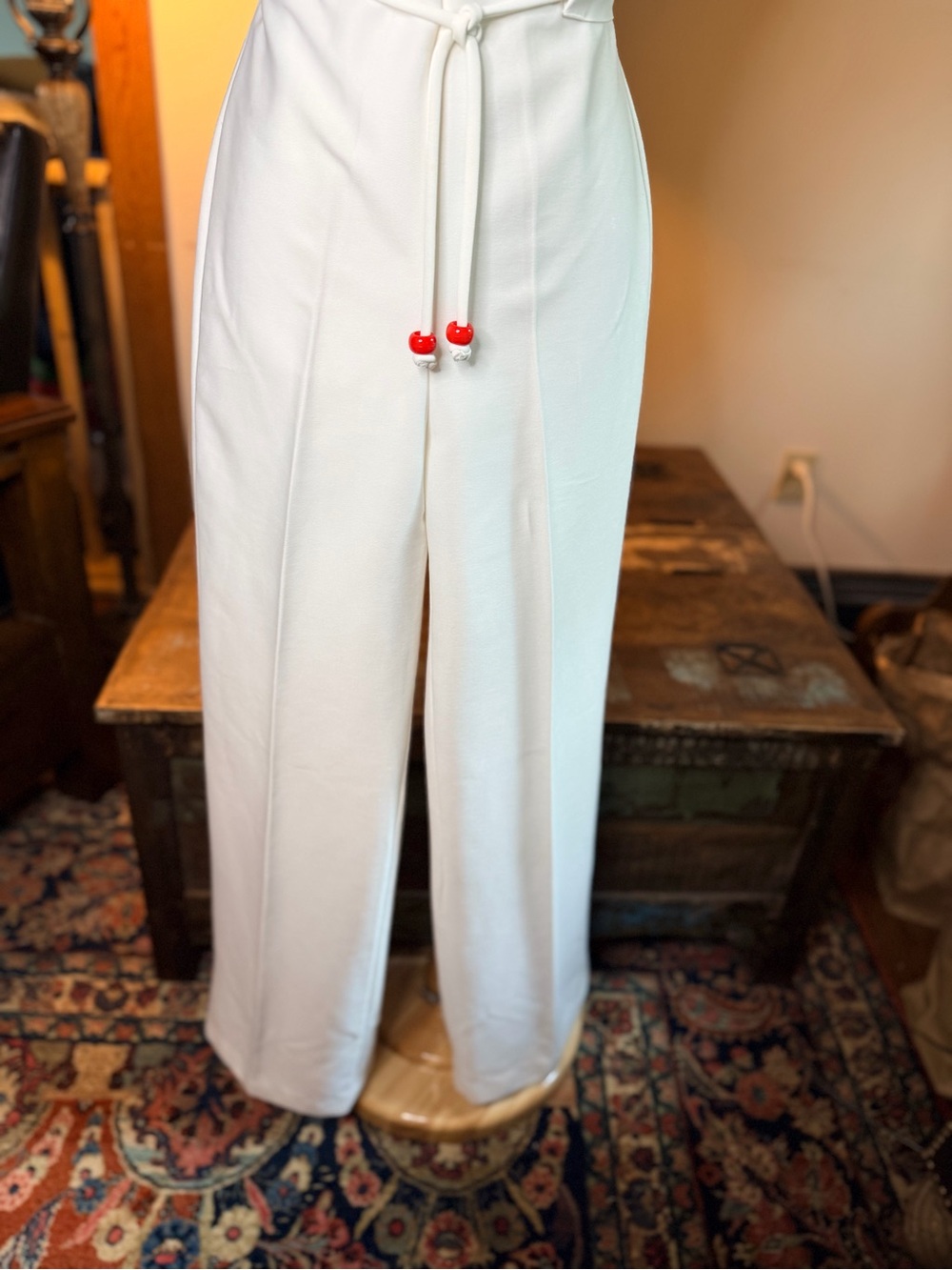 VINTAGE 70s! White Knit Jersey Jumpsuit with Smocked Rainbow Trim, drawstring - Picture 5 of 16